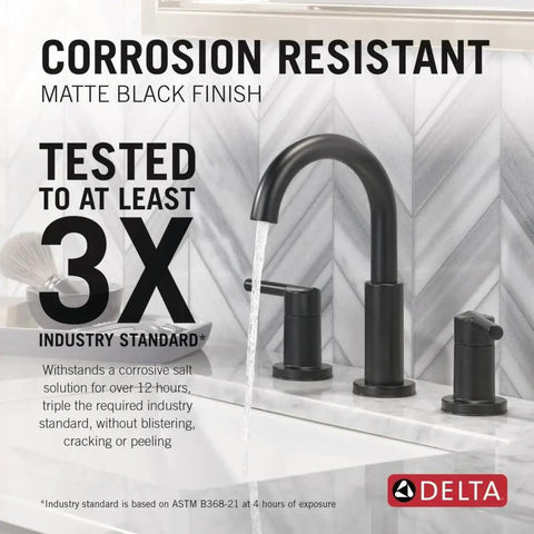 Matte Black 8 Inch Widespread Bathroom Faucet with running water, corrosion-resistant, 3 hole vanity sink faucet with push-pop drain
