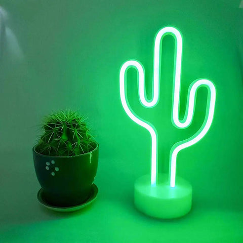 Cactus Neon Night Light With Pedestal LED Sign For Kids Room And Bedroom Decor, Battery Or USB Operated Safe, Green Glow