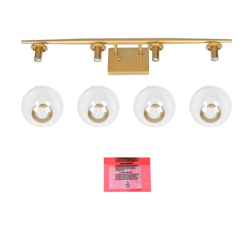 Gold Vanity Light Fixture For Bathroom Over Mirror With Four Lights, Clear Globe Glass Shades, Slim Taper Arm, disassembled view