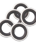 Close-up of five bonded seals from AC Compressor Port Seal Washer Kit 45 Piece Gasket Set For Car AC Repairs With Bonded Seals And Assorted Washers High And Low Temp Rated Leak Proof Fit For DIY.