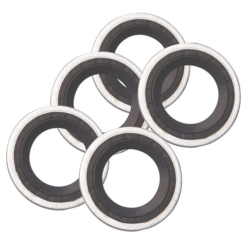 Close-up of five bonded seals from AC Compressor Port Seal Washer Kit 45 Piece Gasket Set For Car AC Repairs With Bonded Seals And Assorted Washers High And Low Temp Rated Leak Proof Fit For DIY.