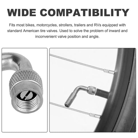 Six Pack Valve Stem Extenders Universal Tire Valve Extensions 90 Degree Close-up on Wheel Copper Nickel Plated Adapters