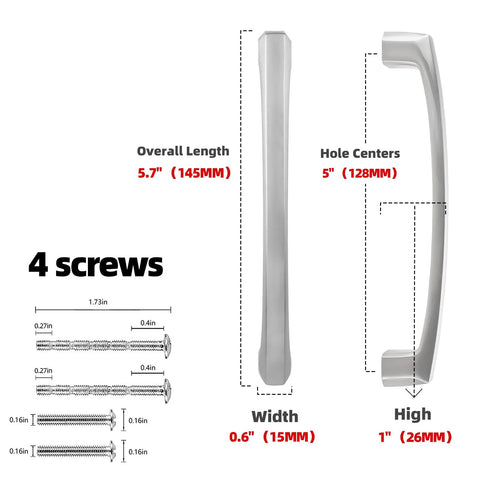 Dimensions and screws for 10 Pack Brushed Nickel Cabinet Pulls 5 Inch 128mm Long Kitchen Cabinet Handles with premium alloy and smooth finish.