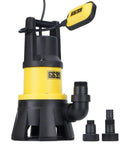 Beast 1.5HP Submersible Sump Pump 6000 GPH with Automatic Float Switch, yellow and black design with connectors, side view.