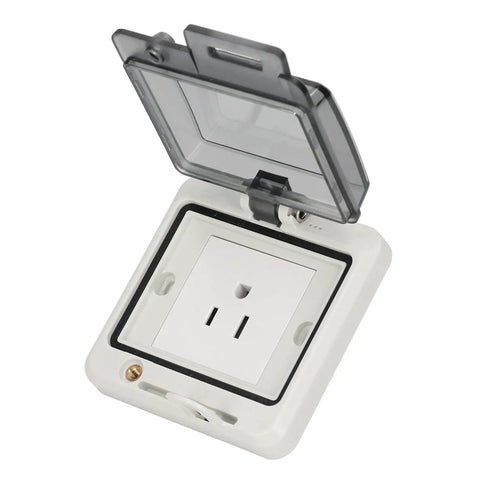 Heavy Duty IP66 Wall Outlet Us Standard Power Socket 15 Amp Weatherproof Jack open with protective cover for outdoor use.