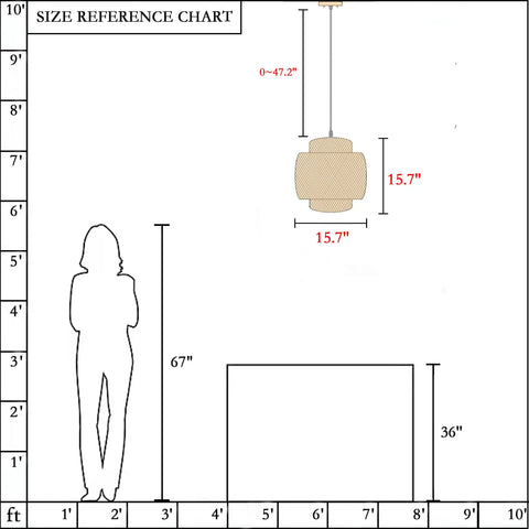 Size reference chart for Hand Woven Bamboo Pendant Light With Natural Rattan Basket Shade Dope Beige Bamboo Chandelier