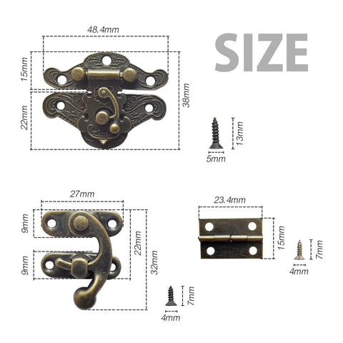 Retro Jewelry Box Hinges And Latches Set With Butterfly Latch Hooks And Antique Hasp Bronze Tone Old School Finish Mini Brass Hinges Screws Included Ideal For Wooden Boxes Cabinets And Vintage Furniture Hardware 36 Pieces, showing detailed dimensions of hardware pieces.
