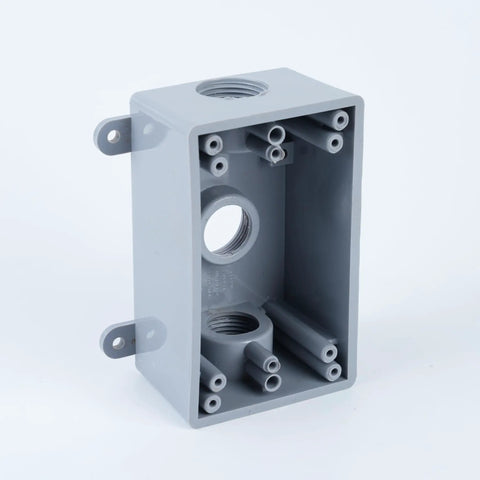 Gray Weatherproof Electrical Junction Box with pre-drilled mounting holes and threaded adapters, half inch or three quarter inch.