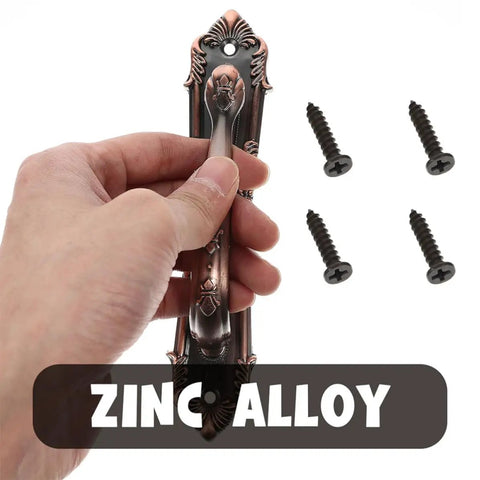 Hand holding Vintage Zinc Alloy Door and Wardrobe Pull Handles Set in Coffee Brown with screws displayed