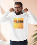 Man wearing Outrigger Canoe Sunset Molokai Hawaii Inspired Three Panel Fleece Hoodie with cotton blend and plush lining.