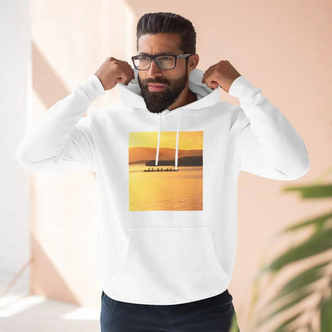 Man wearing Outrigger Canoe Sunset Molokai Hawaii Inspired Three Panel Fleece Hoodie with cotton blend and plush lining.