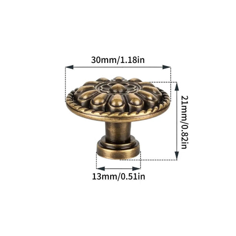 Eight Piece Vintage Antique Brass Knob Set With Flower Pattern for cabinets, 30mm diameter, durable zinc alloy, side view