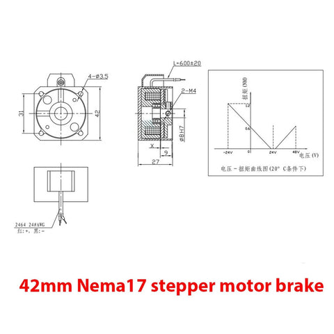 Front view of 42x42mm NEMA 17 stepper motor with power-off brake, 24V DC, 0.6Nm, 8mm shaft