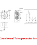 42mm NEMA 17 stepper motor with brake; technical drawings showing front, side, and cross-section views