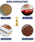 20 Pack Of Chicago Screw Posts With 10mm Brass Plated Finish Ideal For Scrapbooking Photo Album Binding And Leather Craft Repair showing various applications.