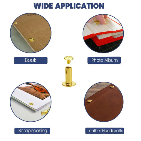 20 Pack Of Chicago Screw Posts With 10mm Brass Plated Finish Ideal For Scrapbooking Photo Album Binding And Leather Craft Repair showing various applications.