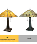 Cream Tiffany Style Stained Glass Table Lamp 24 Inch Tall With 16 Inch Square Shade lit and unlit view