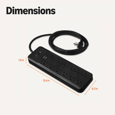 Slick Black Heavy Duty 12 Outlet Surge Protector Power Strip With 8 Foot Extension Cord And 4000 Joules Burst Guard dimensions 13.4x6.3x1.6 in.
