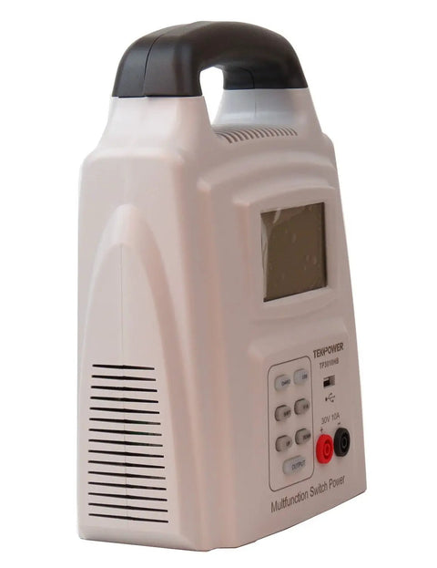 Side view of 2 In 1 Adjustable DC Power Supply And Battery Charger 0 To 30V 0 To 10A With 5V USB Output, large LCD display visible.