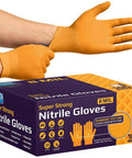 Inspire orange nitrile gloves, 8 mil, diamond-texture grip; front view with box of 100