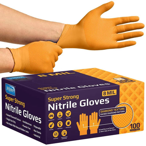 Inspire orange nitrile gloves, 8 mil, diamond-texture grip; front view with box of 100