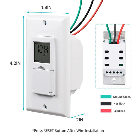 7 Day Programmable Astronomical In Wall Timer Switch For Lights, Fans And Motors, Single Pole Operation, No Neutral Wire Required, White Finish with dimensions and wiring diagram