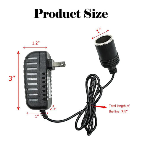 AC To DC Converter Cigarette Lighter Adapter 110V To 12V Power Supply 24W Output shown with dimensions, 34-inch cord and plug.