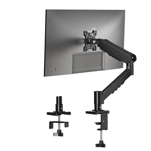 Top Shelf Single Monitor Arm Desk Mount With Ballistic Mechanical Springs For 17 To 32 Inch Screens, black arm and clamp for desk installation.