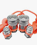 Two 1/2-inch NPT hydraulic quick-connect tractor couplers with orange hoses and dust caps, ISO 5675 Ball Pioneer style