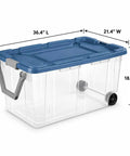 Premium Heavy Duty Wheeled Storage Bins 160 Quart 2 Pack Rolling Carts With Sturdy Metal Axle And Swivel Pull Handle side view with dimensions