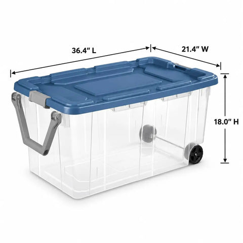 Premium Heavy Duty Wheeled Storage Bins 160 Quart 2 Pack Rolling Carts With Sturdy Metal Axle And Swivel Pull Handle side view with dimensions