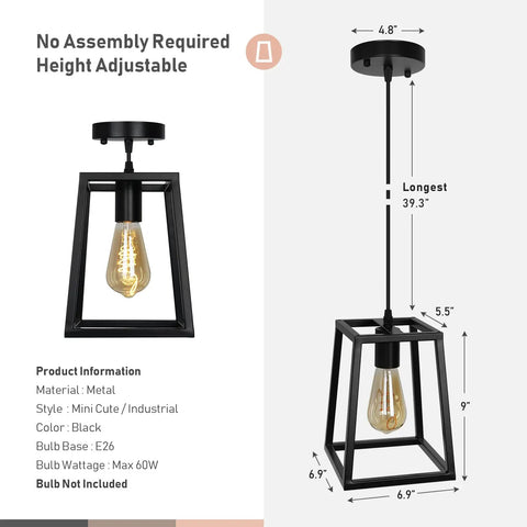 Industrial Farmhouse Pendant Light For Kitchen Island And Dining Room 1 Light Modern Lantern Ceiling Fixture Black Metal