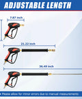 Swivel Power Washer Gun Kit with Extension Wand Adjustable Spray, showing three lengths: 7.87 in, 21.22 in, 36.49 in.