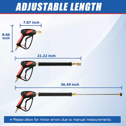 Swivel Power Washer Gun Kit with Extension Wand Adjustable Spray, showing three lengths: 7.87 in, 21.22 in, 36.49 in.