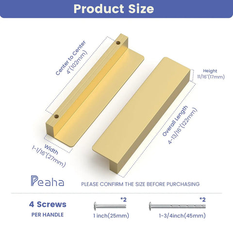 10 Pack 4 Inch Gold Cabinet Handles Finger Pulls Edge Pulls For Cabinets And Drawers Slick Flat Hidden Hardware product size details