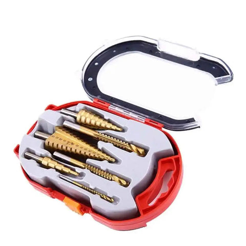 Premium 6Pc Step Drill Bit Set With Titanium Coating For Iron Wood And Metal, Huge Range From 3mm To 32mm To Punch Perfect Holes Like A Boss Without Breaking A Sweat. six titanium step drill bits in red case