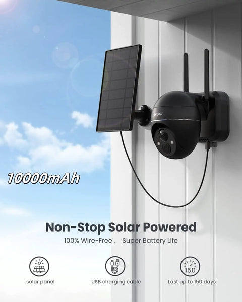2K Wireless Outdoor Security Camera With 360 Degree Pan Tilt Solar Powered and Battery Backed 2.4G WiFi mounted with solar panel