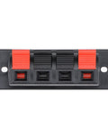 Front view of 4 Way Spring Push Release Speaker Terminal Block Socket With 4 Pins And 4 Positions, Red Black Polarity, Spring Loaded Connector.