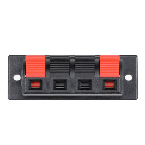 Front view of 4 Way Spring Push Release Speaker Terminal Block Socket With 4 Pins And 4 Positions, Red Black Polarity, Spring Loaded Connector.
