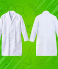 Front and back view of kids scientist costume lab coat on green background, XL size