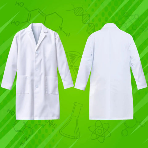 Front and back view of kids scientist costume lab coat on green background, XL size