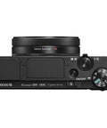 Top view of RX100 VII Premium Compact Camera showing controls and lens detail for travel, vlogging and everyday shooting.