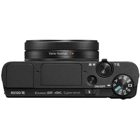 Top view of RX100 VII Premium Compact Camera showing controls and lens detail for travel, vlogging and everyday shooting.