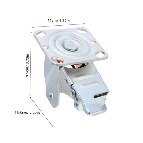 Heavy Duty Swivel Caster Bracket With Parking Brake, Four Inch Steel Rotating Wheel Frame, rust resistant mount close-up.