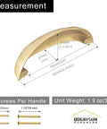 2-Pack Solid Brass Cup Cabinet Pulls in Brushed Brass Finish, Half Moon Style, measurement diagram with screws included