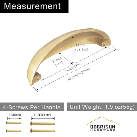 2-Pack Solid Brass Cup Cabinet Pulls in Brushed Brass Finish, Half Moon Style, measurement diagram with screws included