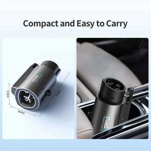 Heavy Duty Tesla To J1772 Charging Adapter Providing No Fuss Electric Car Power Up To 80 Amps 250 Volts AC compact design shown in a car console.