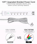 10FT upgraded braided power cord for Gritty Heavy Duty Surge Protector Power Strip with enhanced current capacity.