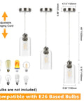 Three Pack Industrial Pendant Lights For Kitchen Island And Living Areas with clear glass shades, compatible with E26 bulbs