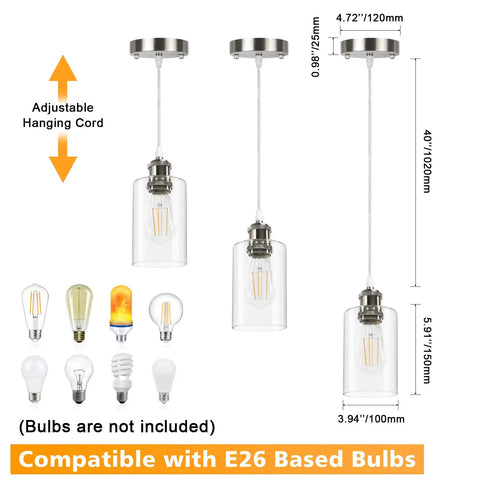 Three Pack Industrial Pendant Lights For Kitchen Island And Living Areas with clear glass shades, compatible with E26 bulbs